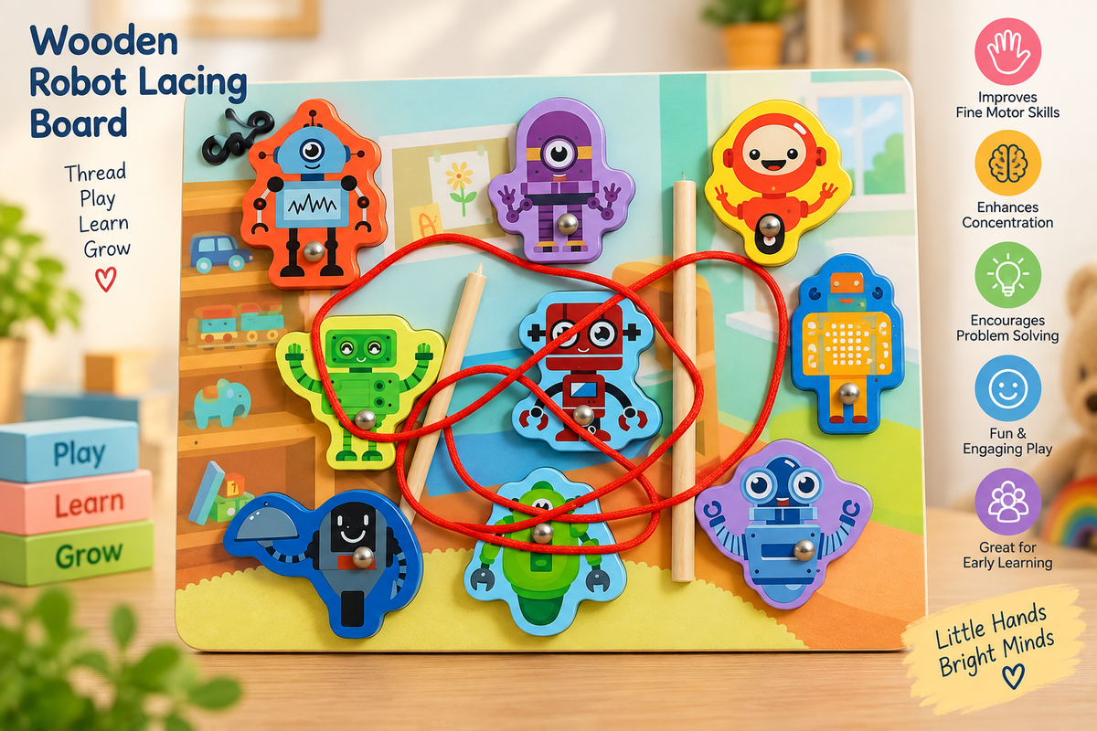 Wooden Lacing & Threading Activity Board for Kids – Assorted Educational Themes