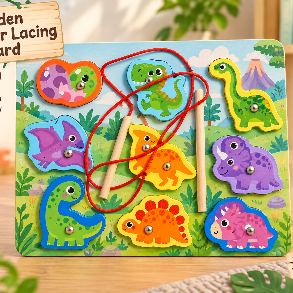 Wooden Lacing & Threading Activity Board for Kids – Assorted Educational Themes