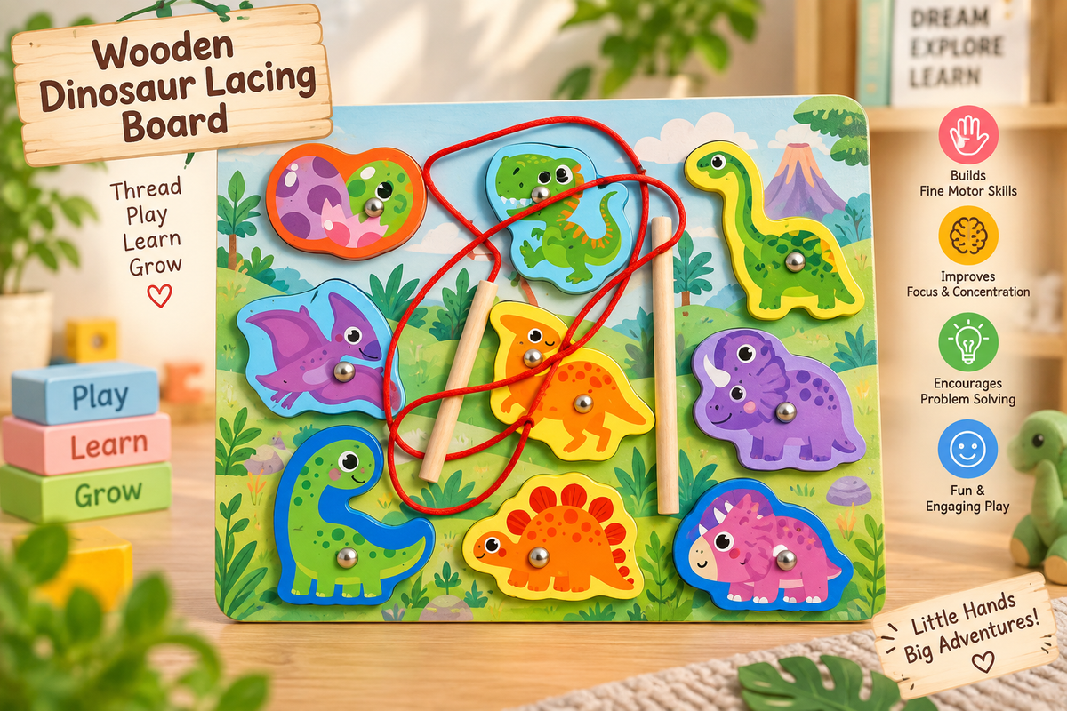 Wooden Lacing & Threading Activity Board for Kids – Assorted Educational Themes