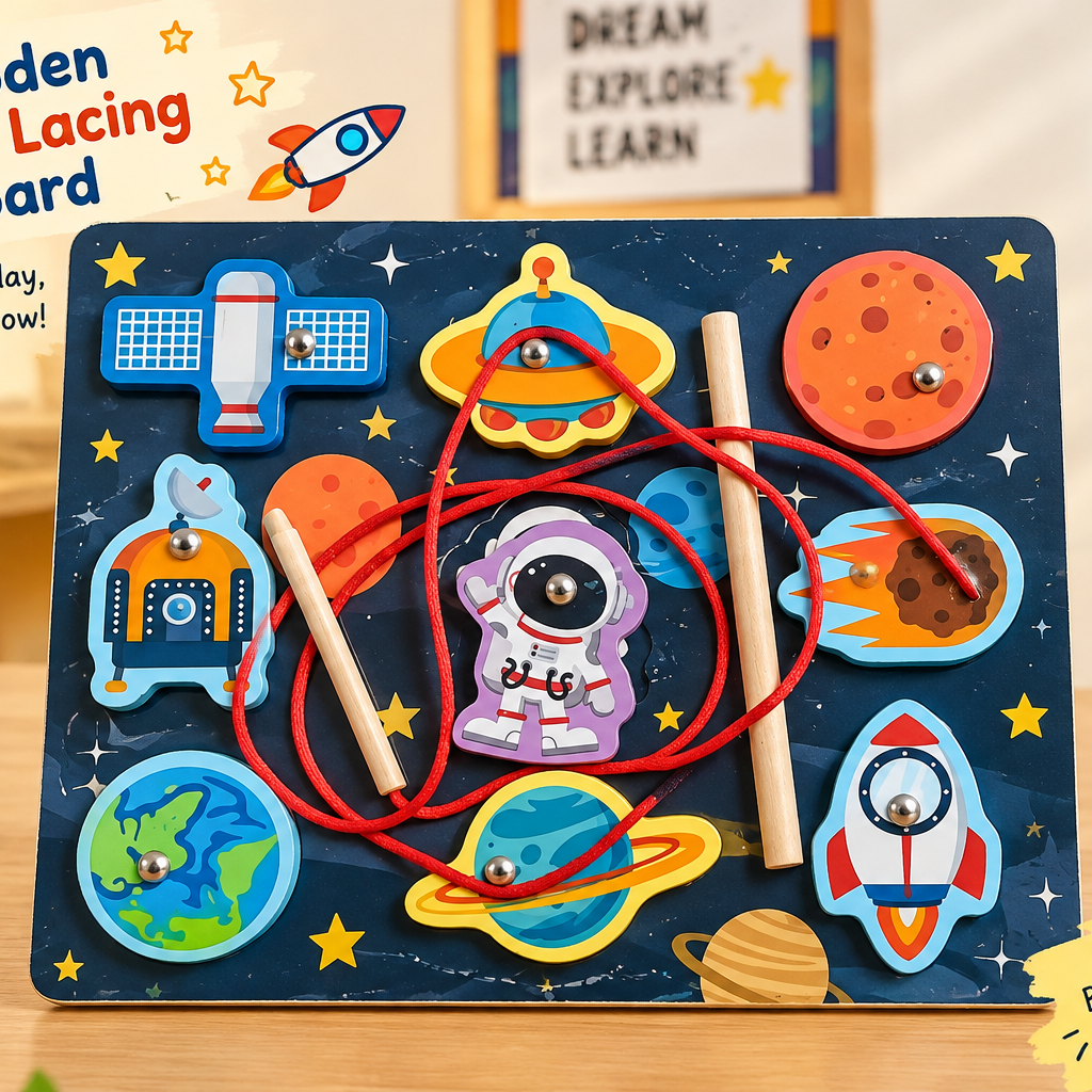 Wooden Lacing & Threading Activity Board for Kids – Assorted Educational Themes