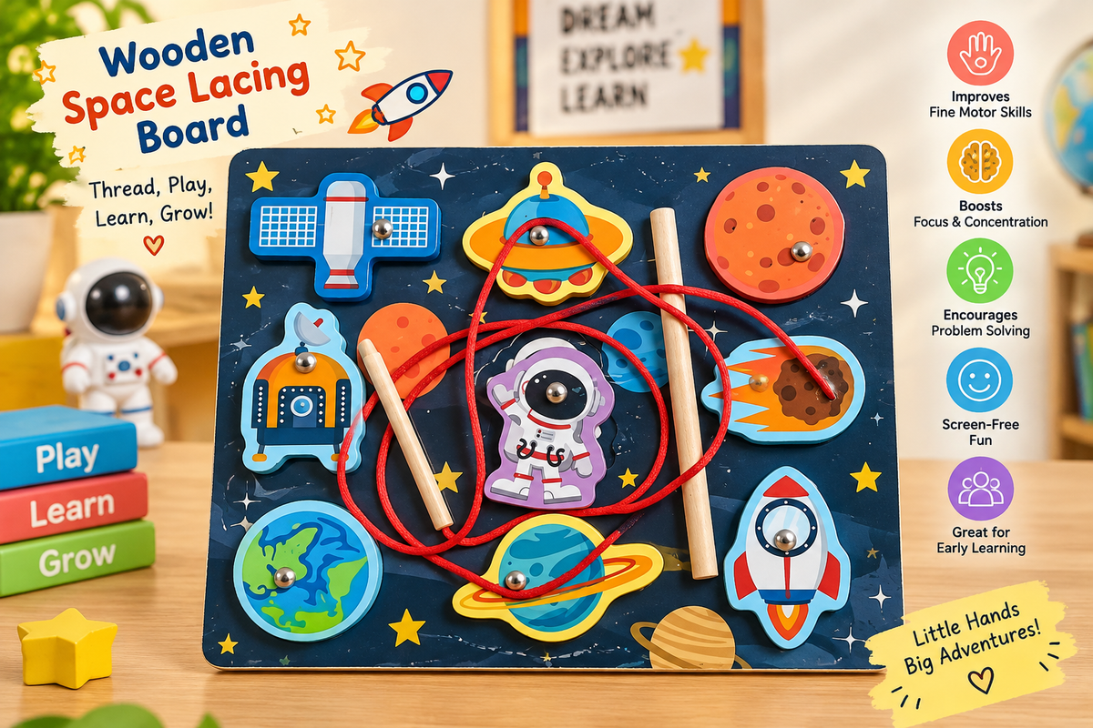 Wooden Lacing & Threading Activity Board for Kids – Assorted Educational Themes