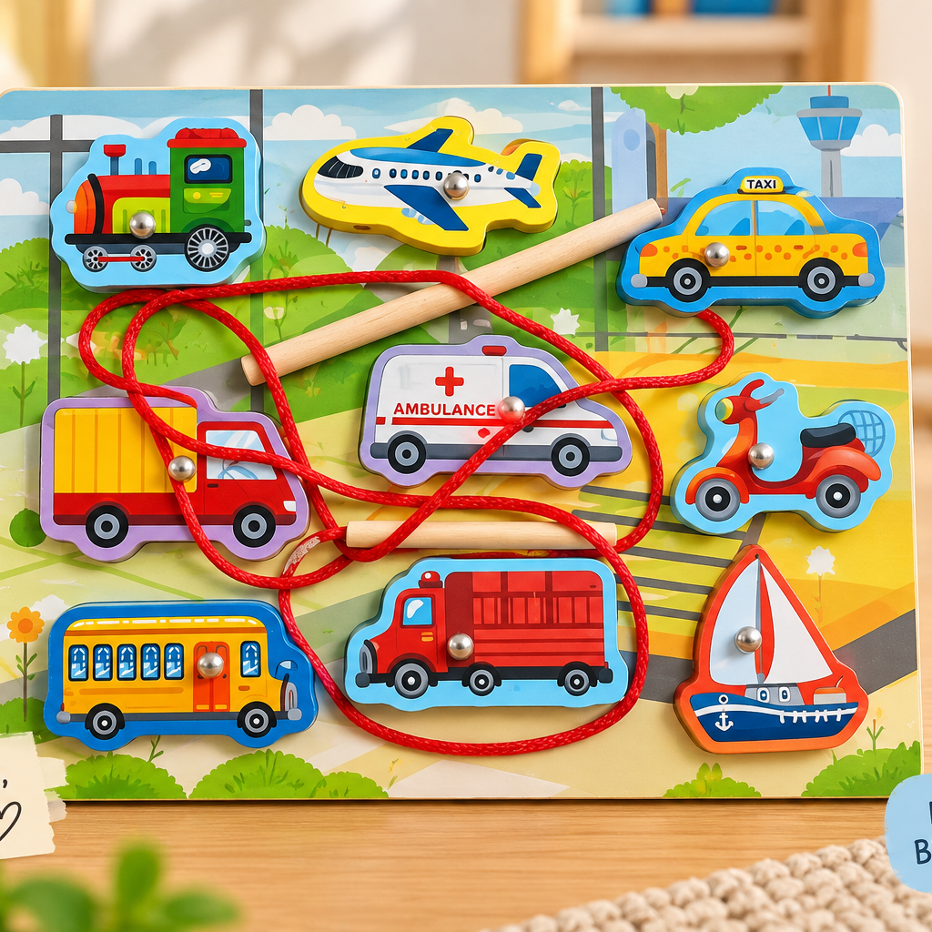 Wooden Lacing & Threading Activity Board for Kids – Assorted Educational Themes