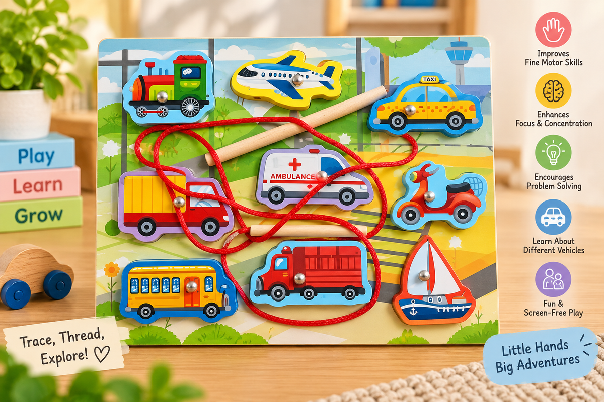 Wooden Lacing & Threading Activity Board for Kids – Assorted Educational Themes