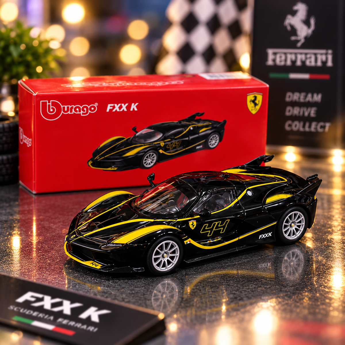 Bburago Ferrari FXX K #44 Die-Cast Model Car – Black & Yellow Racing Edition | Collectible Supercar Toy