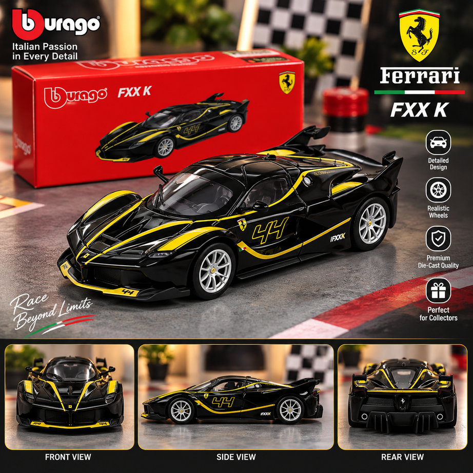 Bburago Ferrari FXX K #44 Die-Cast Model Car – Black & Yellow Racing Edition | Collectible Supercar Toy