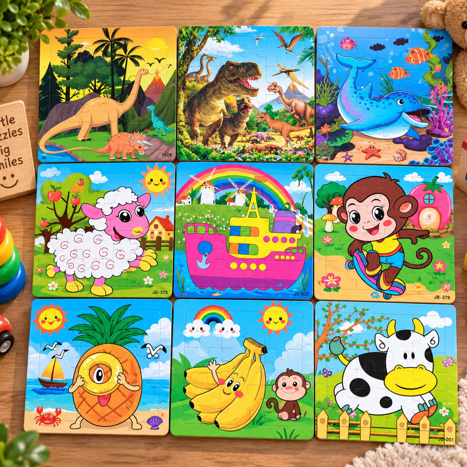 Kids Wooden Jigsaw Puzzle Board – Colourful Educational Cartoon Puzzle for Early Learning & Brain Development