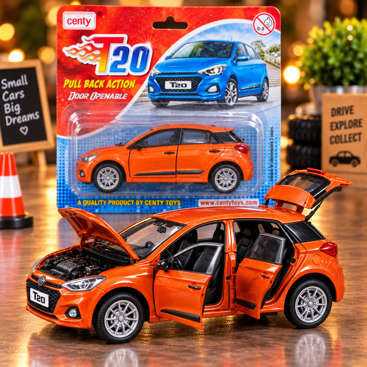 Centy T20 Pull Back Toy Car with Openable Doors – Realistic Miniature Hatchback Car for Kids | Orange