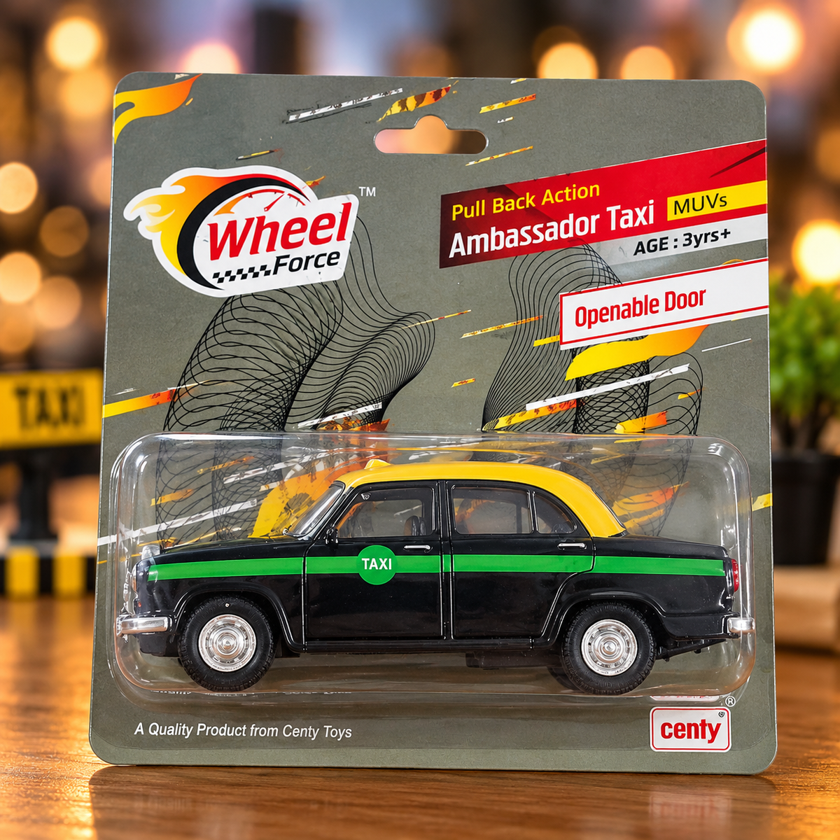 Centy Wheel Force Ambassador Taxi Toy Car – Pull Back Action with Openable Doors | Classic Black & Yellow Vintage Taxi Model for Kids | 3 Years+
