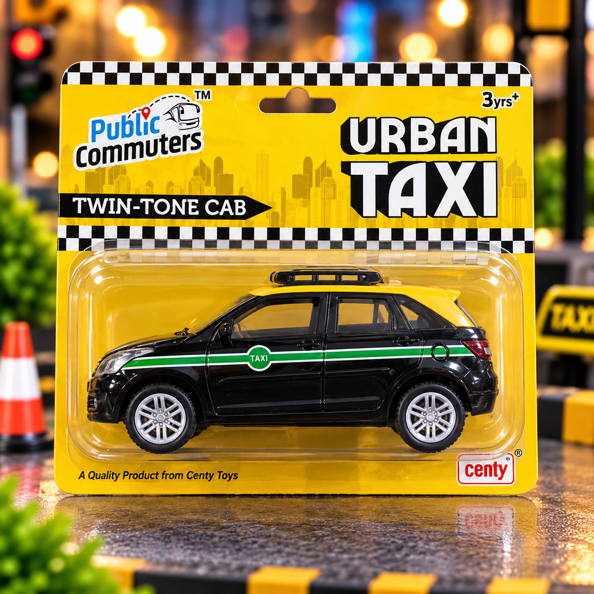 Centy Urban Taxi Toy Car – Black & Yellow Twin-Tone Cab with Realistic Design & Roof Luggage Carrier for Kids