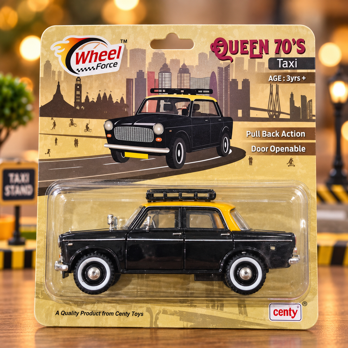 Centy Wheel Force Queen 70's Classic Taxi Toy Car – Pull Back Action with Openable Doors | Vintage Black &amp; Yellow Model Car for Kids
