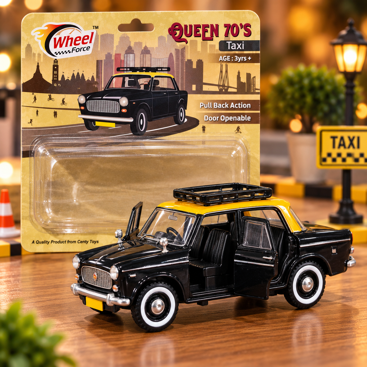 Centy Wheel Force Queen 70's Classic Taxi Toy Car – Pull Back Action with Openable Doors | Vintage Black &amp; Yellow Model Car for Kids