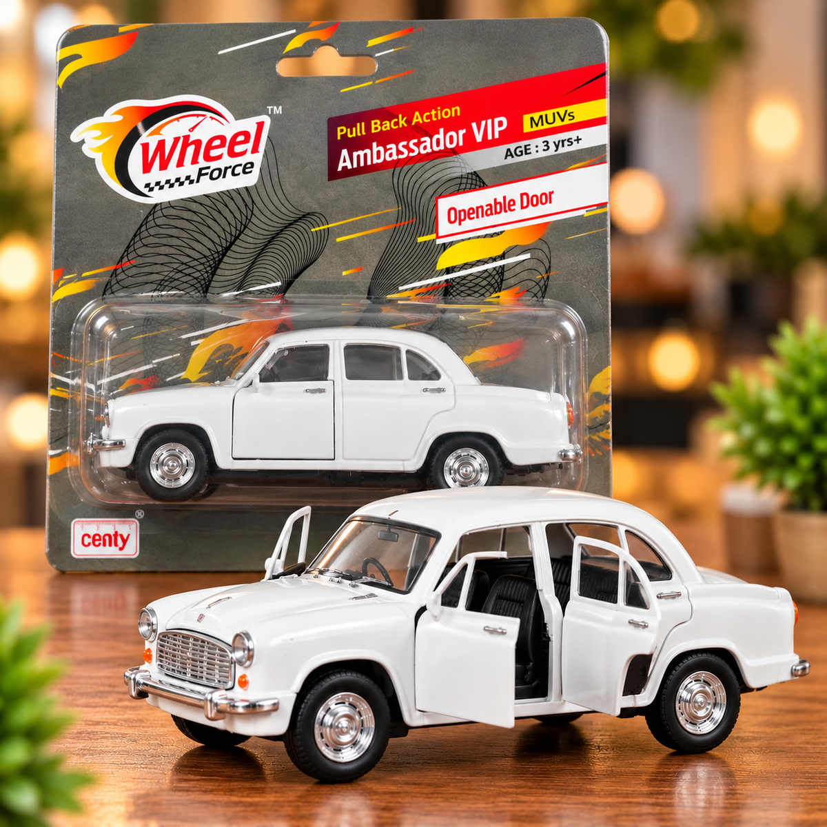 Centy Wheel Force Ambassador VIP Toy Car – White Classic Vintage Car with Pull Back Action & Openable Doors for Kids 3+ Years