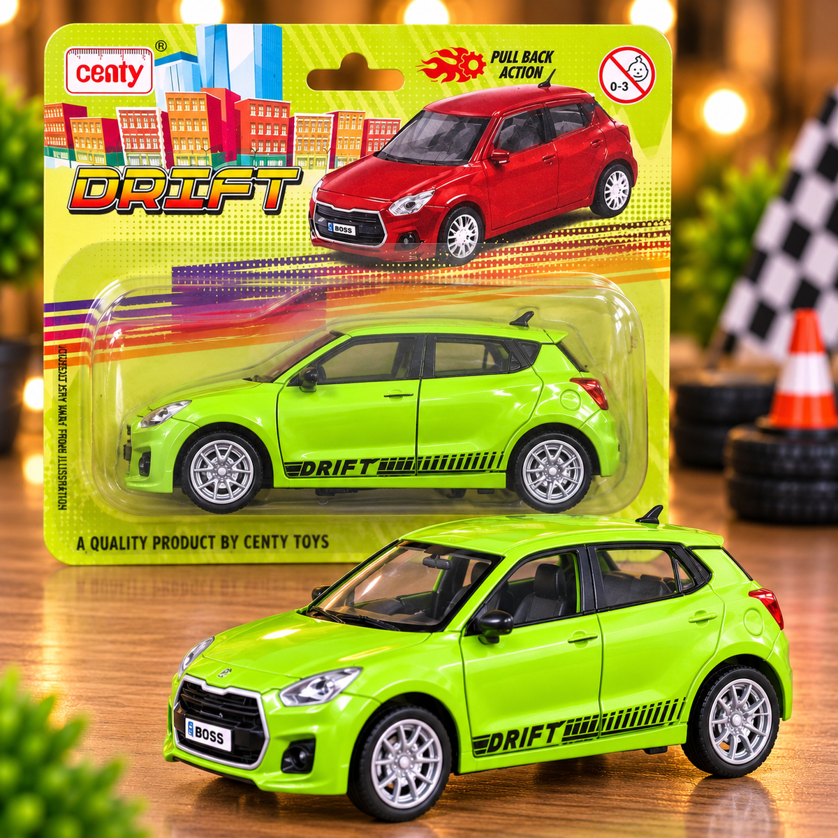 Centy Drift Pull Back Toy Car – Green Sports Hatchback Miniature Car with Realistic Design for Kids | 3 Years+