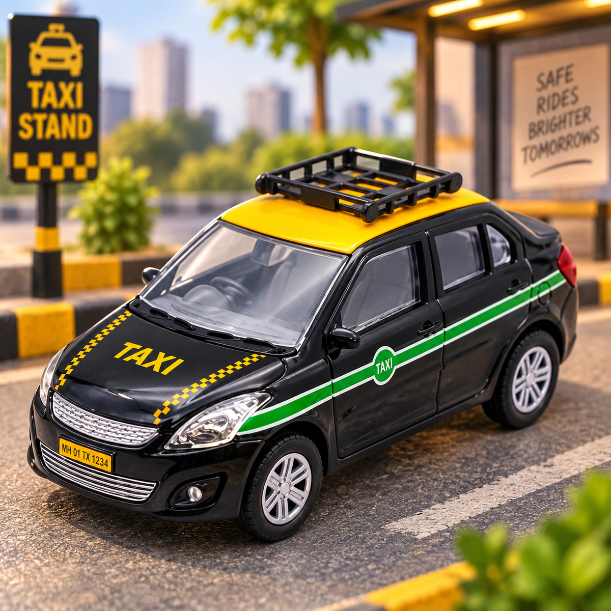 Centy Urban Taxi Toy Car – Black & Yellow Twin-Tone Cab with Realistic Design & Roof Luggage Carrier for Kids