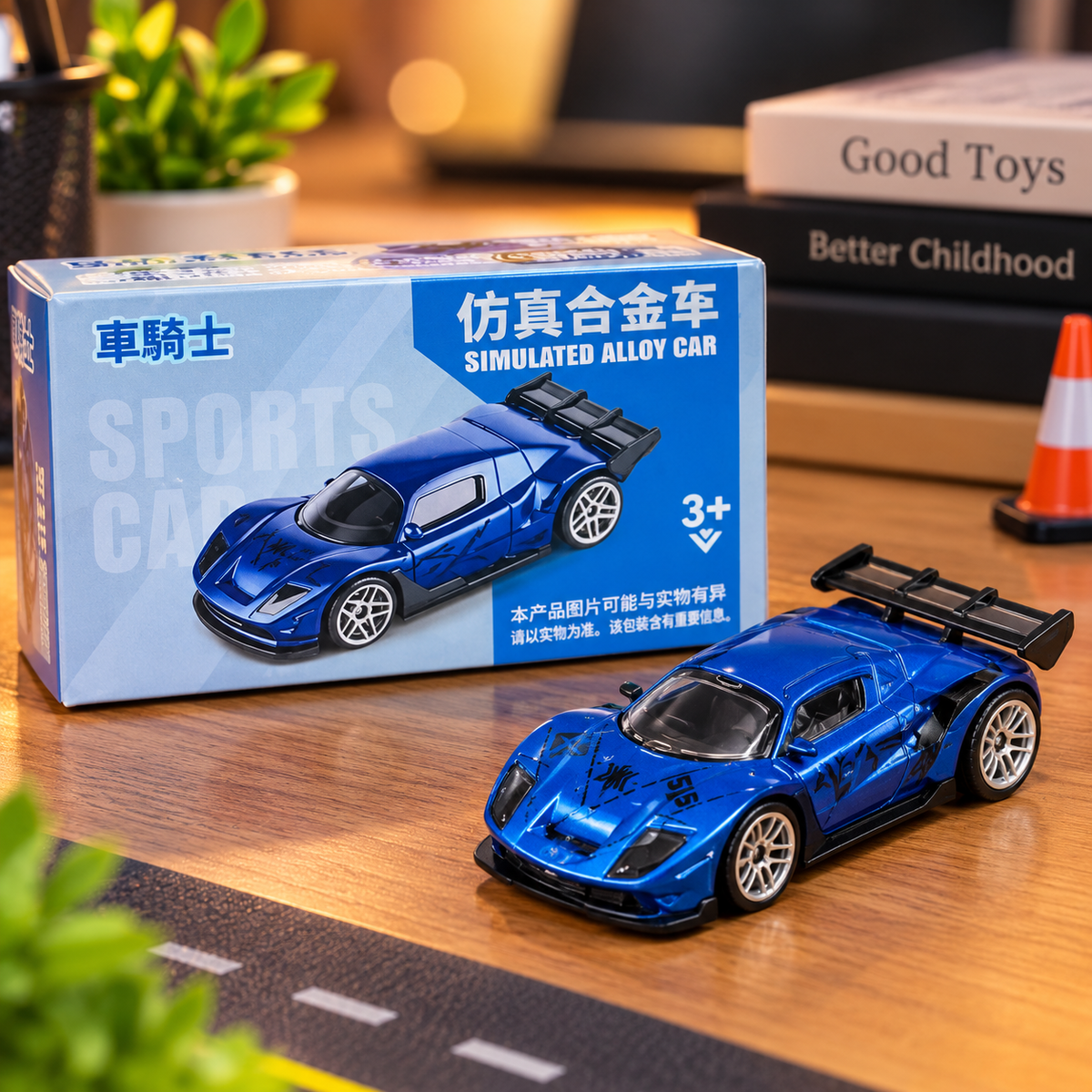 Blue Sports Racing Die-Cast Alloy Toy Car with Rear Spoiler – Miniature Collectible Model for Kids & Car Lovers