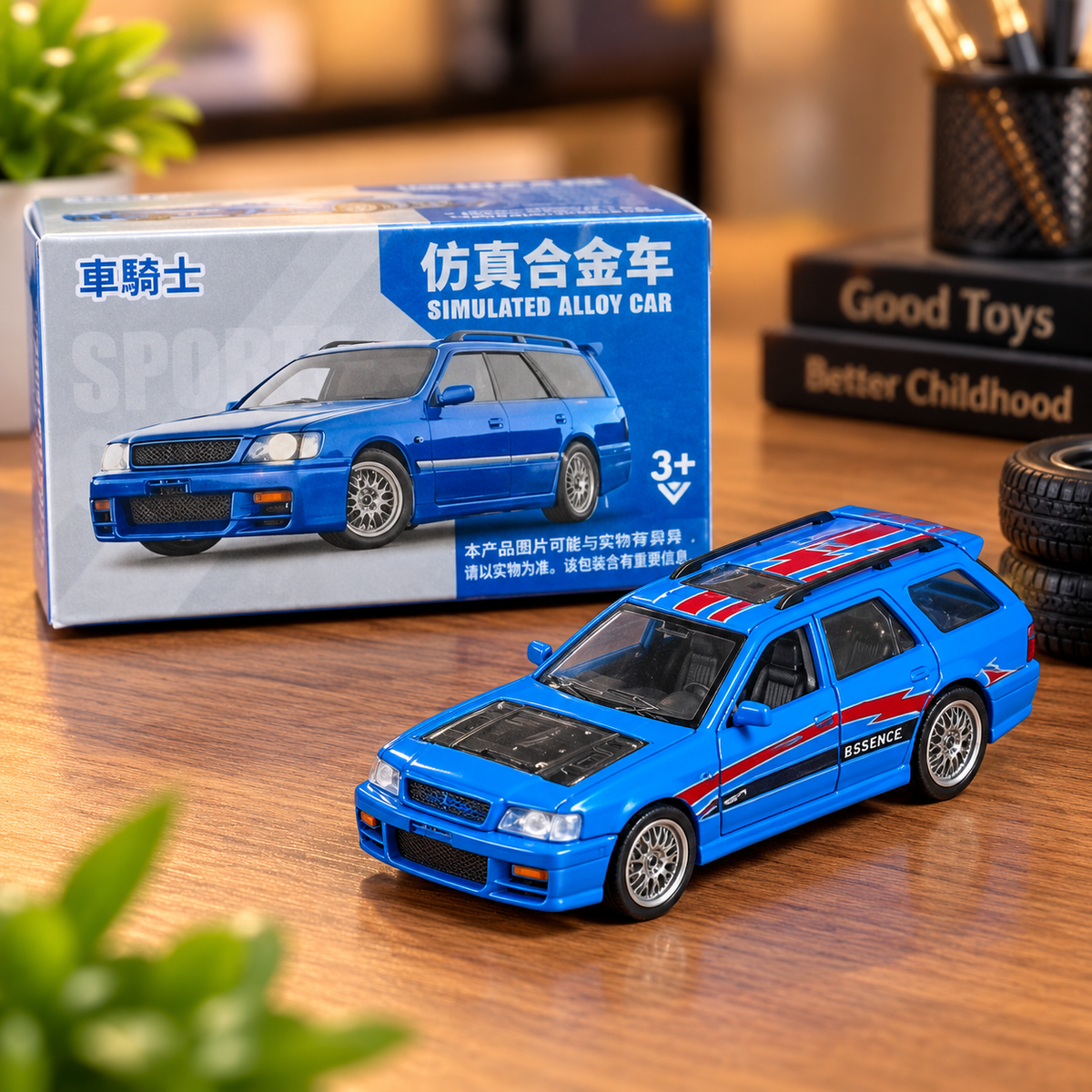 Blue Sports Wagon Die-Cast Alloy Toy Car with Racing Graphics – Miniature Collectible Model
