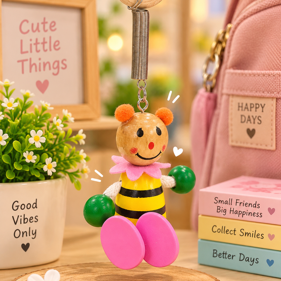 Cute Wooden Cartoon Character Keychains – Colourful Hanging Doll Key Rings for Kids, Bags & Return Gifts