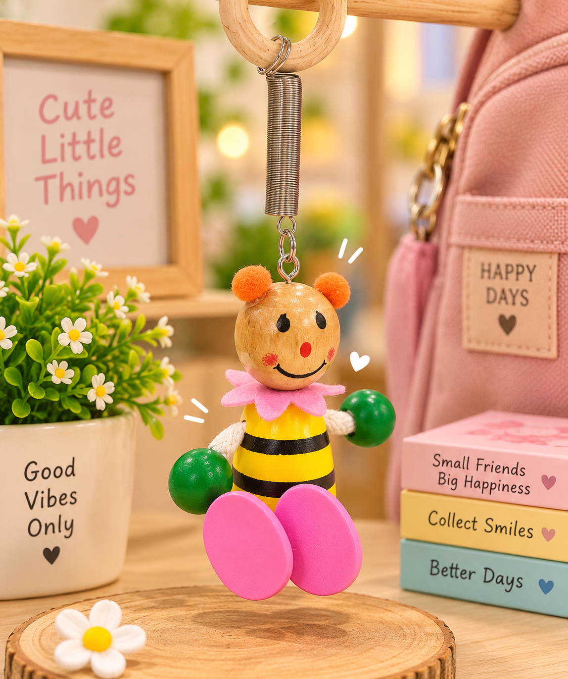 Cute Wooden Cartoon Character Keychains – Colourful Hanging Doll Key Rings for Kids, Bags & Return Gifts