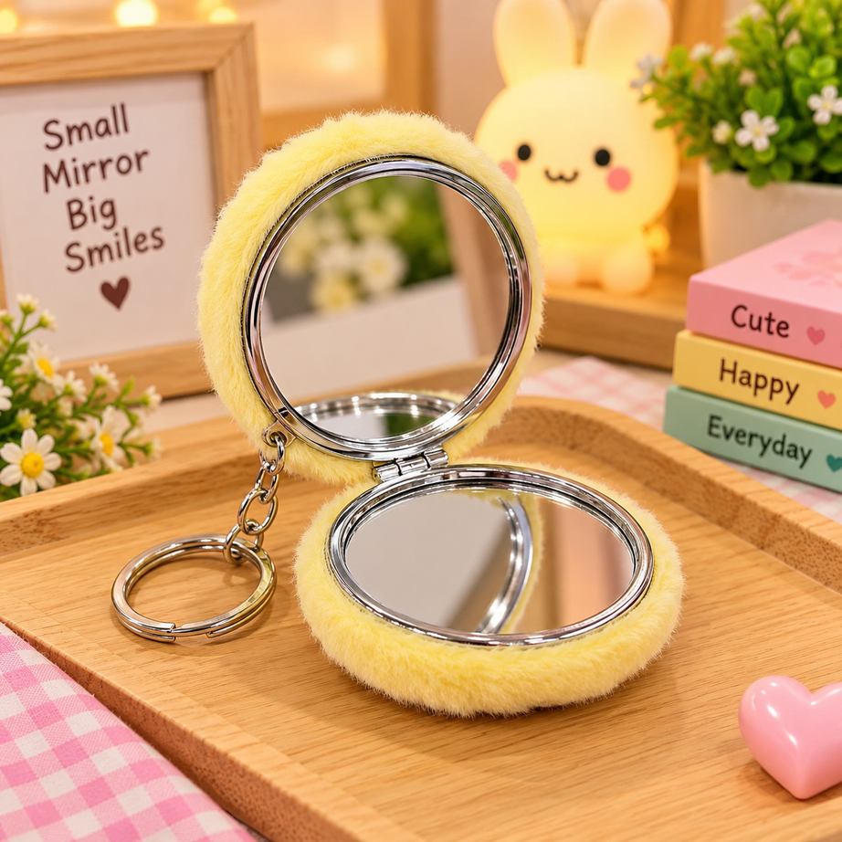 Cute Fluffy Mini Mirror Keychain – Kawaii Cartoon & Fruit Design Plush Bag Charm for Girls & Kids