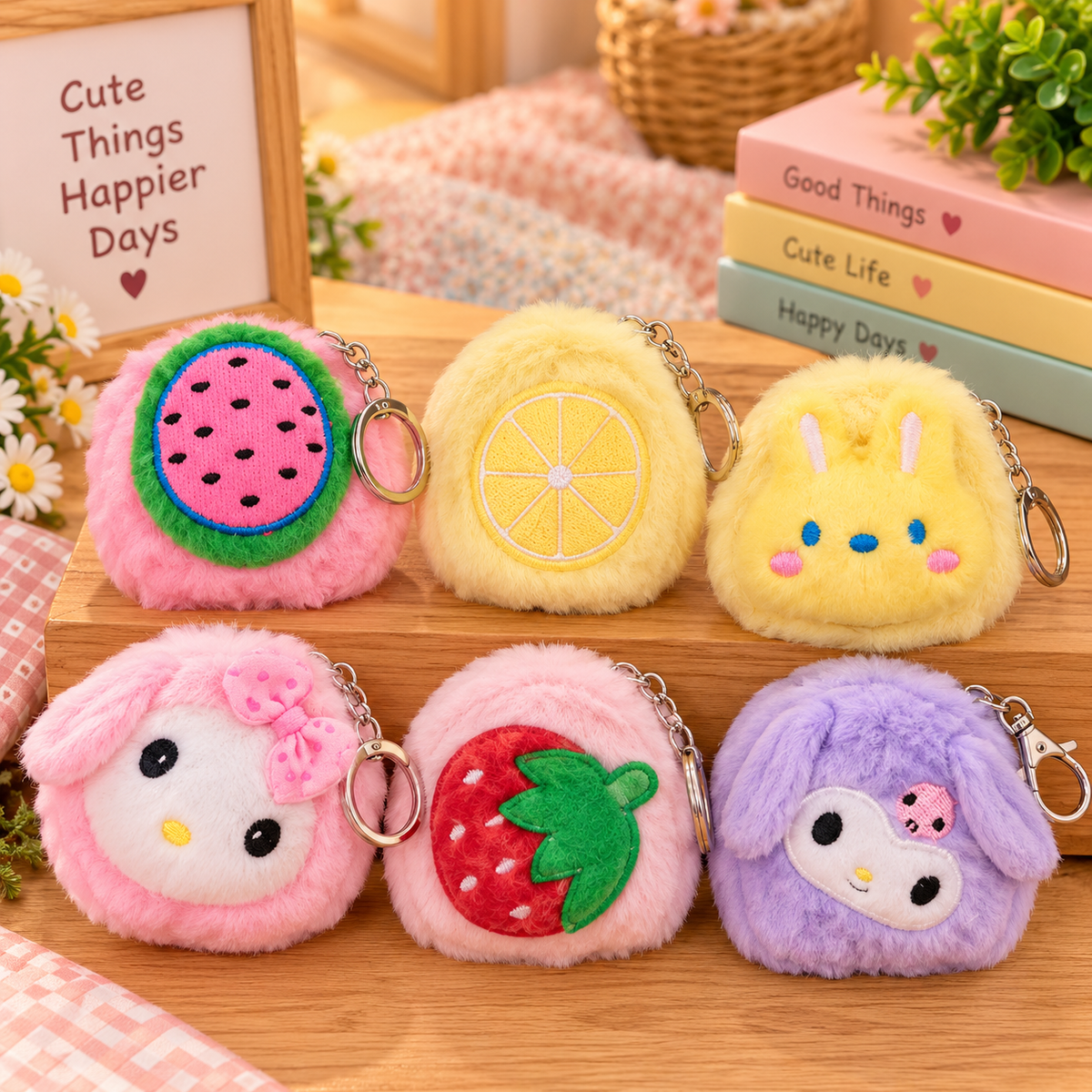 Cute Fluffy Mini Mirror Keychain – Kawaii Cartoon & Fruit Design Plush Bag Charm for Girls & Kids