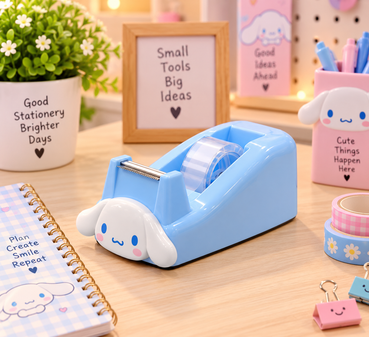 Cute Cinnamoroll Bunny Tape Dispenser with Tape Roll – Kawaii Blue Desktop Stationery Holder for Kids & Office