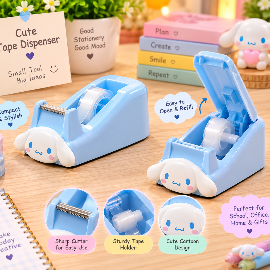 Cute Cinnamoroll Bunny Tape Dispenser with Tape Roll – Kawaii Blue Desktop Stationery Holder for Kids & Office