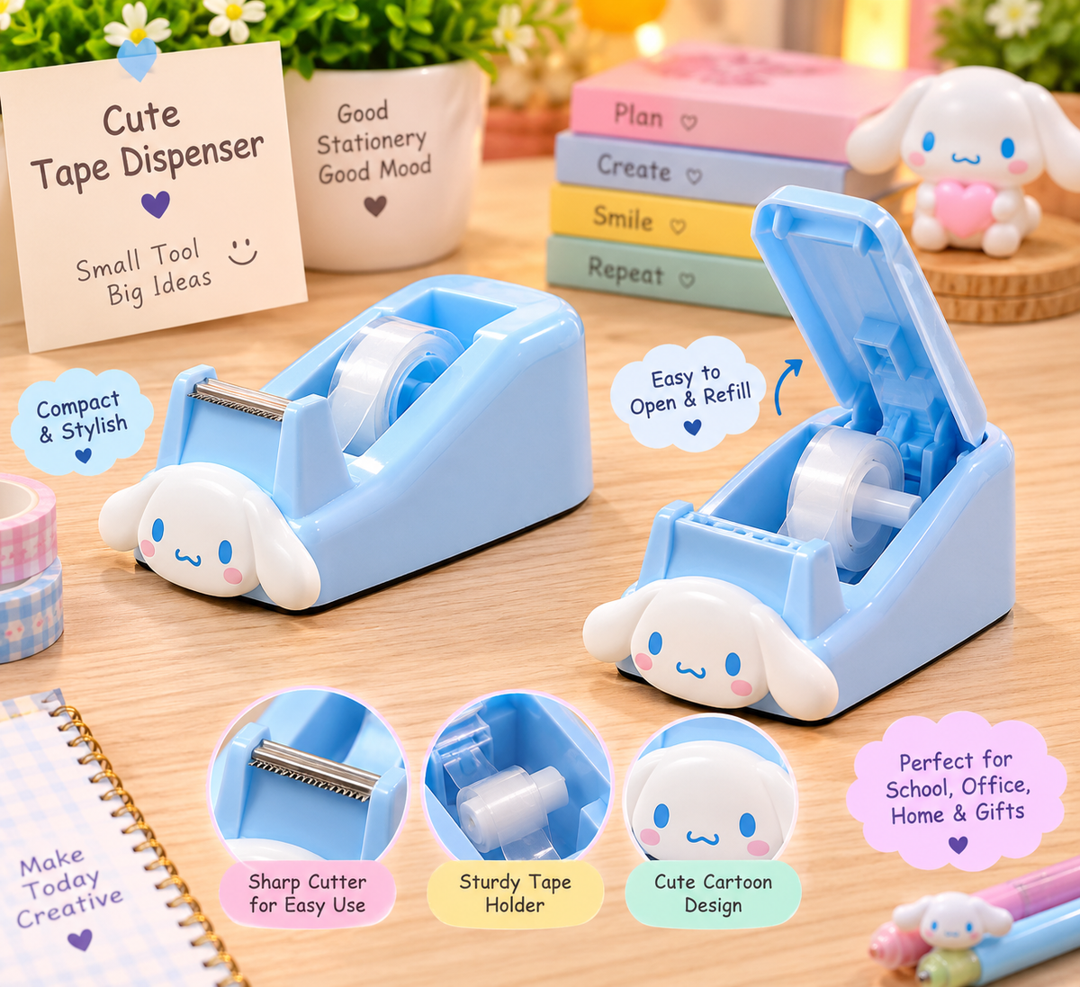 Cute Cinnamoroll Bunny Tape Dispenser with Tape Roll – Kawaii Blue Desktop Stationery Holder for Kids & Office