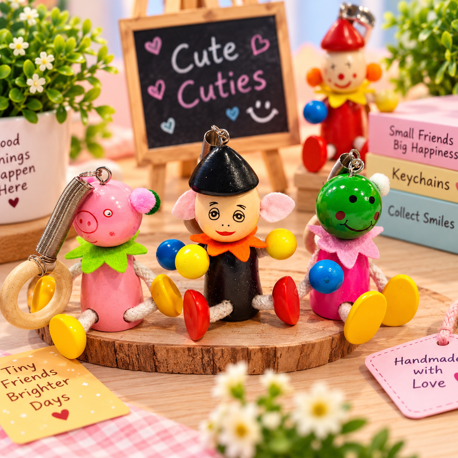 Cute Wooden Cartoon Character Keychains – Colourful Hanging Doll Key Rings for Kids, Bags & Return Gifts