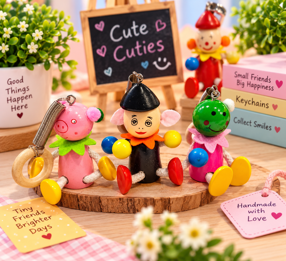 Cute Wooden Cartoon Character Keychains – Colourful Hanging Doll Key Rings for Kids, Bags & Return Gifts