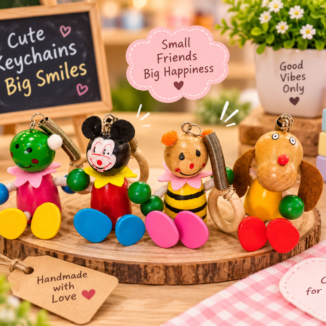 Cute Wooden Cartoon Character Keychains – Colourful Hanging Doll Key Rings for Kids, Bags & Return Gifts