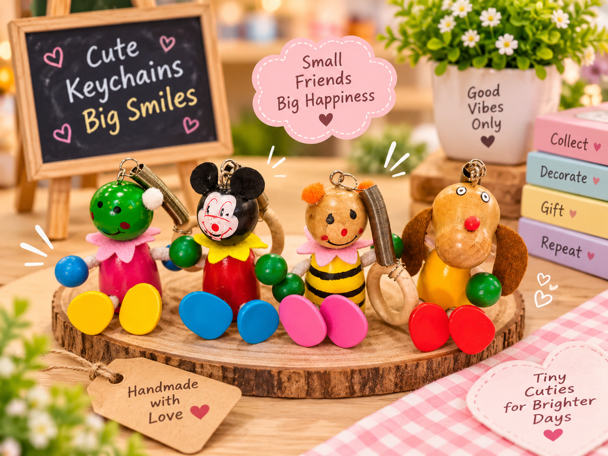 Cute Wooden Cartoon Character Keychains – Colourful Hanging Doll Key Rings for Kids, Bags & Return Gifts