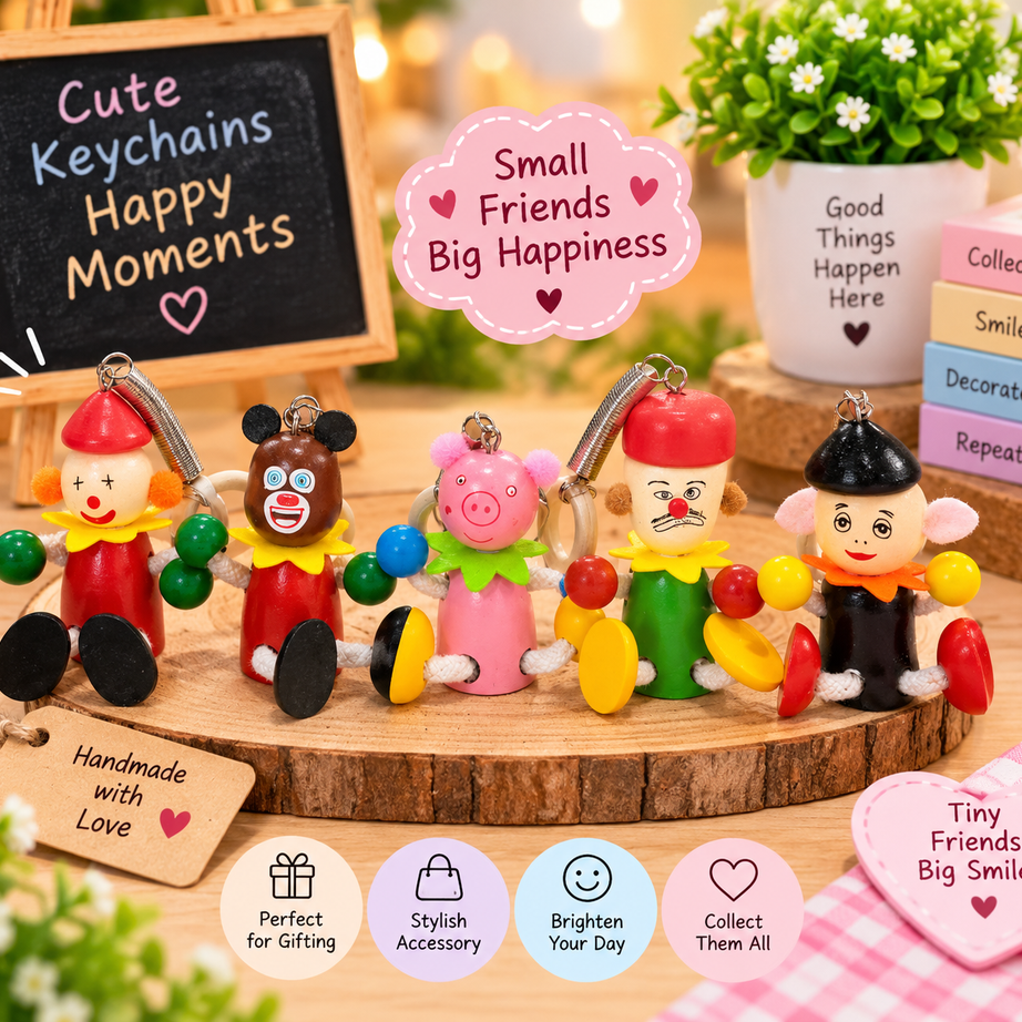 Cute Wooden Cartoon Character Keychains – Colourful Hanging Doll Key Rings for Kids, Bags & Return Gifts