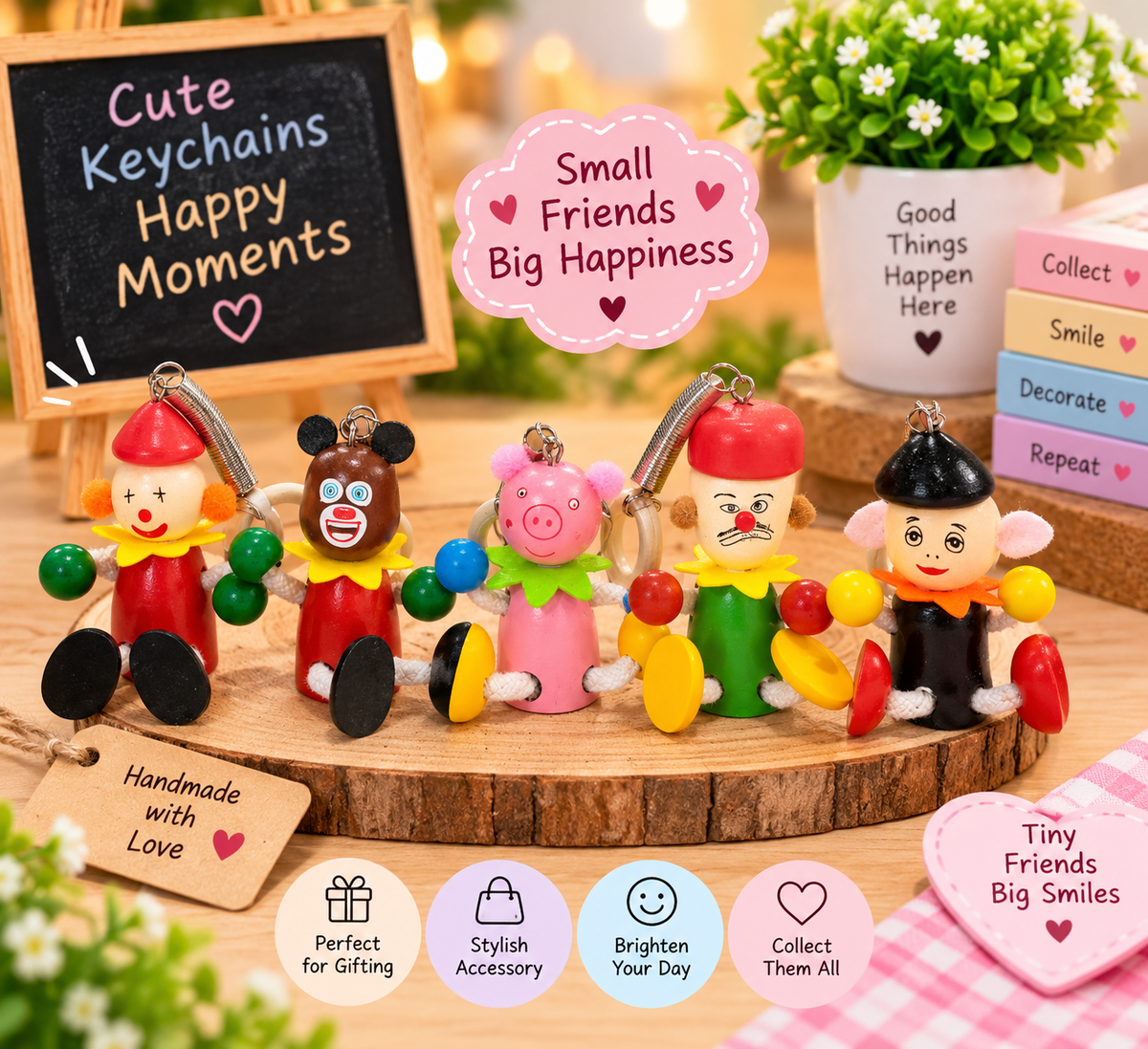 Cute Wooden Cartoon Character Keychains – Colourful Hanging Doll Key Rings for Kids, Bags & Return Gifts