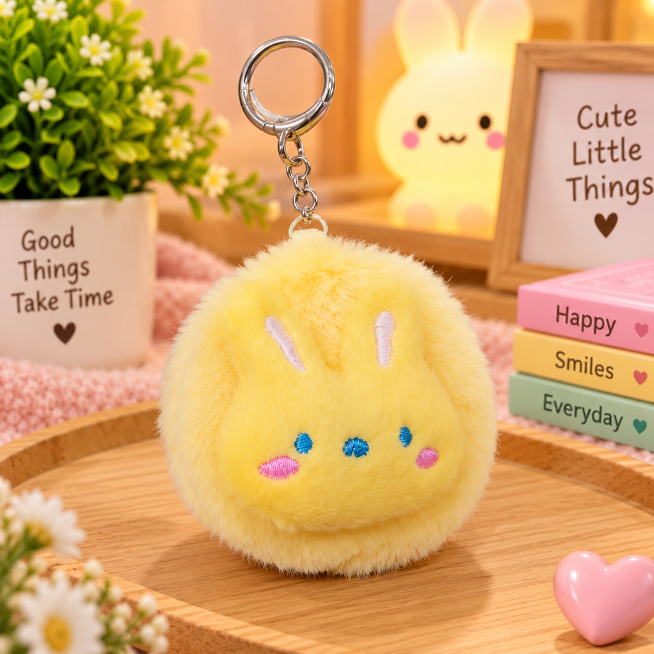 Cute Fluffy Mini Mirror Keychain – Kawaii Cartoon & Fruit Design Plush Bag Charm for Girls & Kids