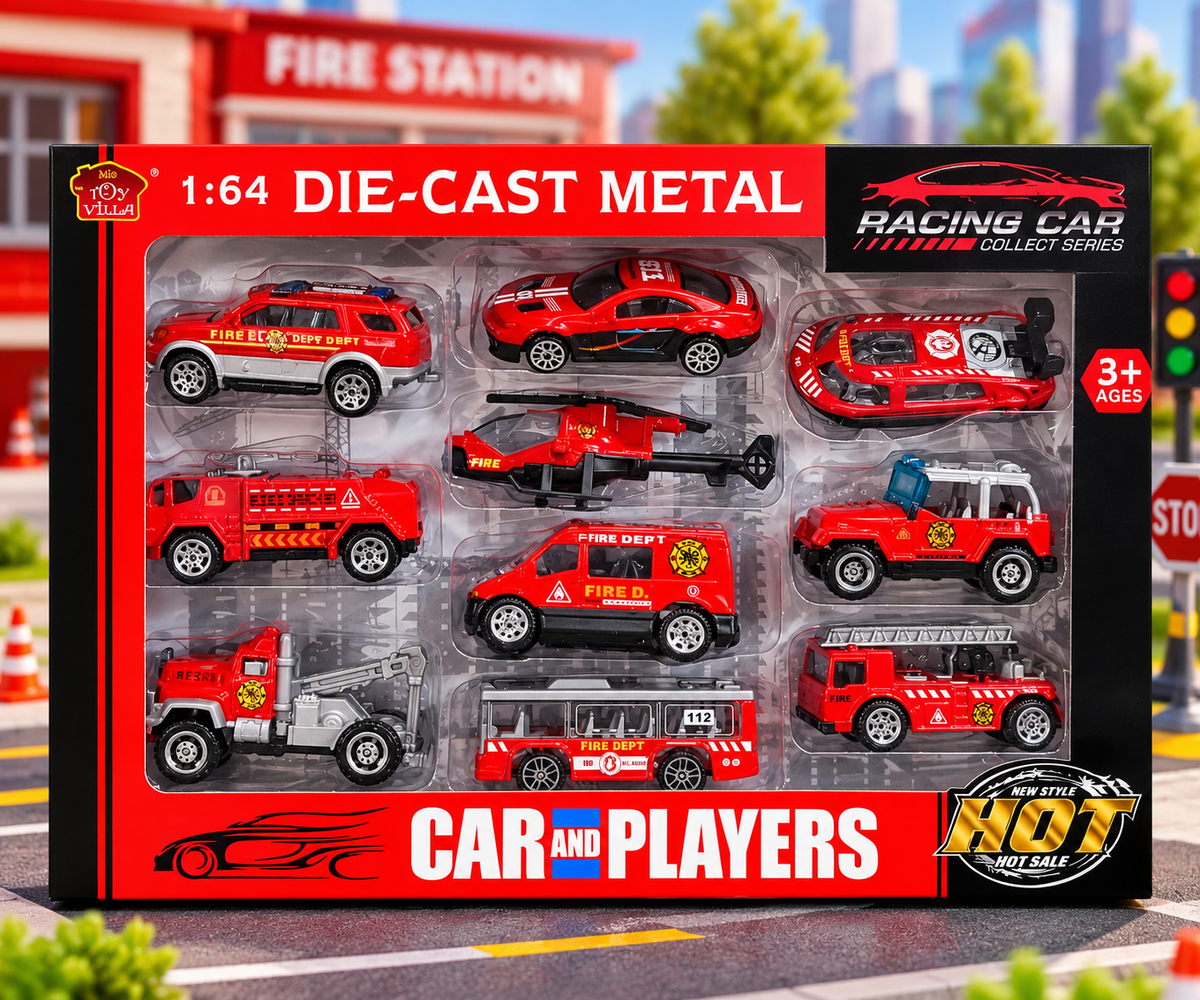 1:64 Die-Cast Metal Fire Rescue Vehicle Toy Set – 9 PCS Fire Engine, Rescue Helicopter, Fire Truck & Racing Cars | Emergency Vehicle Collection for Kids