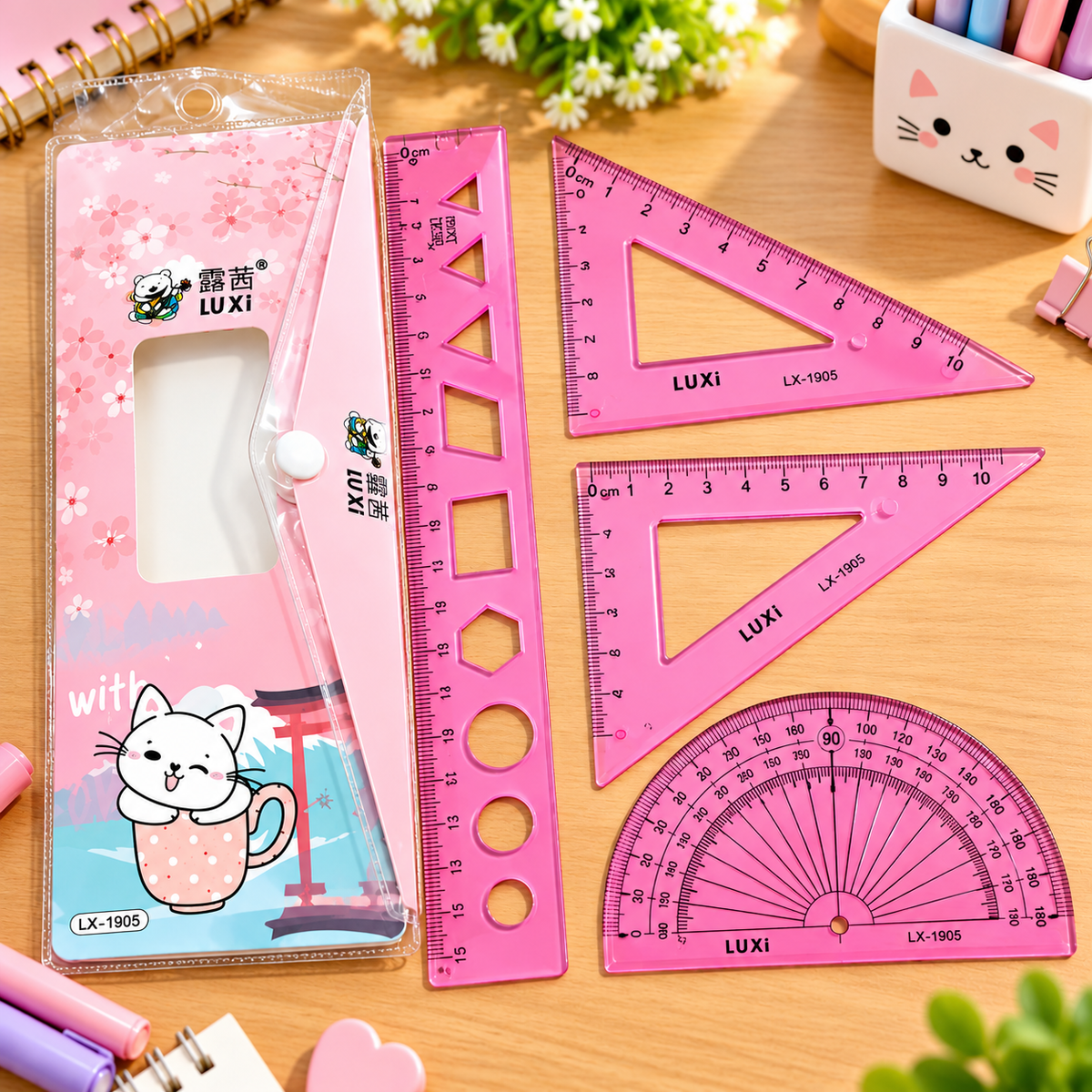 LUXI Cute Cartoon Geometry Box Set with Pouch – 4 PCS Transparent Ruler, Set Squares & Protractor | School Maths Stationery Kit for Kids – Pink, Blue & Green