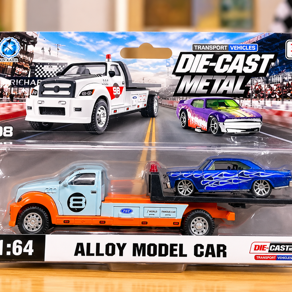 1:64 Die-Cast Metal Tow Truck with Sports Car – 2-in-1 Alloy Car Carrier & Racing Vehicle Toy Set for Kids | Transport Truck & Miniature Car Collection | Assorted Colours