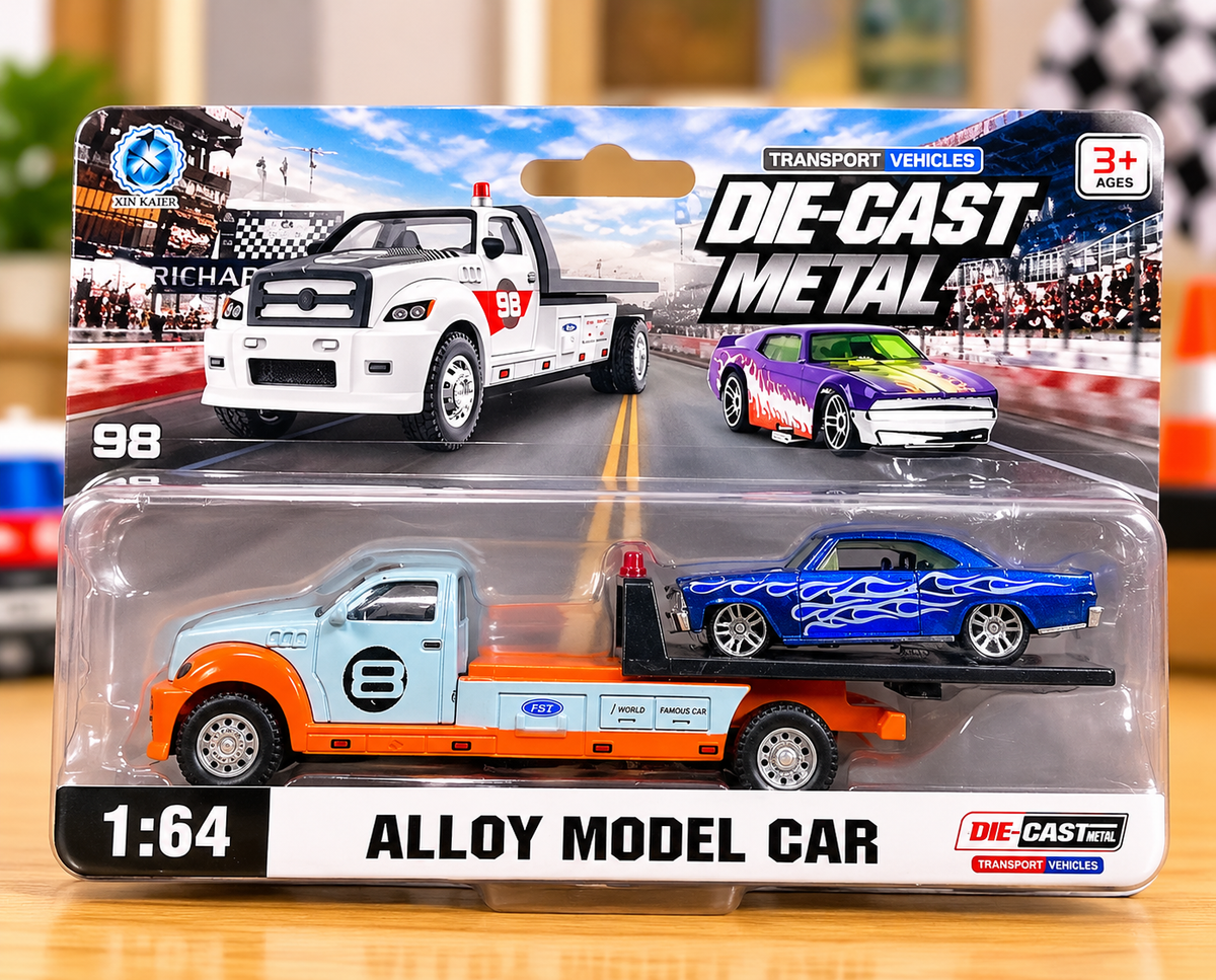 1:64 Die-Cast Metal Tow Truck with Sports Car – 2-in-1 Alloy Car Carrier & Racing Vehicle Toy Set for Kids | Transport Truck & Miniature Car Collection | Assorted Colours