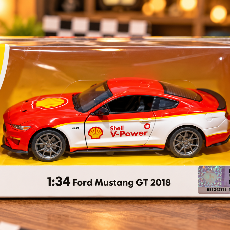 CCA Ford Mustang GT 2018 1:34 Scale Die-Cast Toy Car – Shell V-Power Racing Edition | Red & White