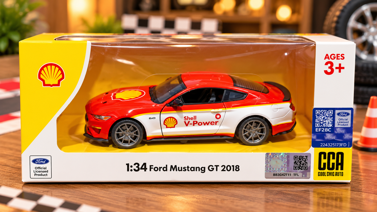 CCA Ford Mustang GT 2018 1:34 Scale Die-Cast Toy Car – Shell V-Power Racing Edition | Red & White