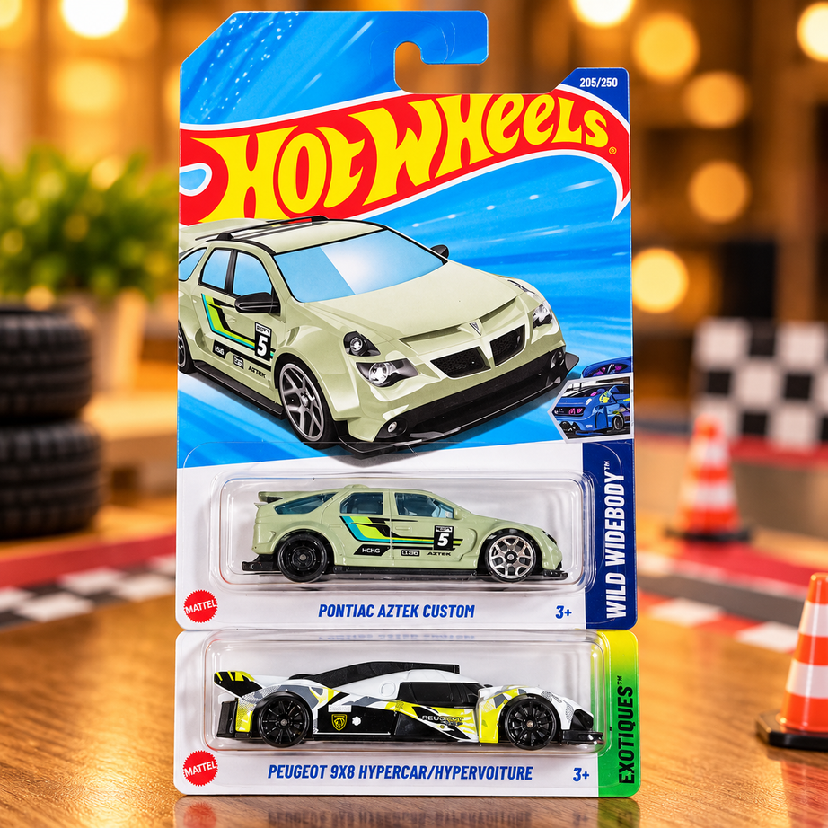 1+1 Hot Wheels Combo Pontiac Aztek Custom & Peugeot 9X8 Hypercar Die-Cast Toy Cars – Set of 2 | Mattel Collectible Cars