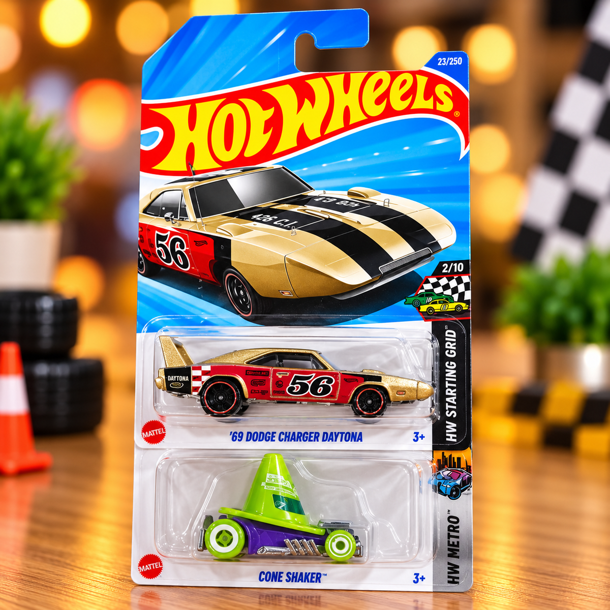1+1 Hot Wheels Combo '69 Dodge Charger Daytona & Cone Shaker Die-Cast Toy Cars – 2 Car Collectible Combo | HW Starting Grid & HW Metro Series | Mattel Miniature Racing Cars
