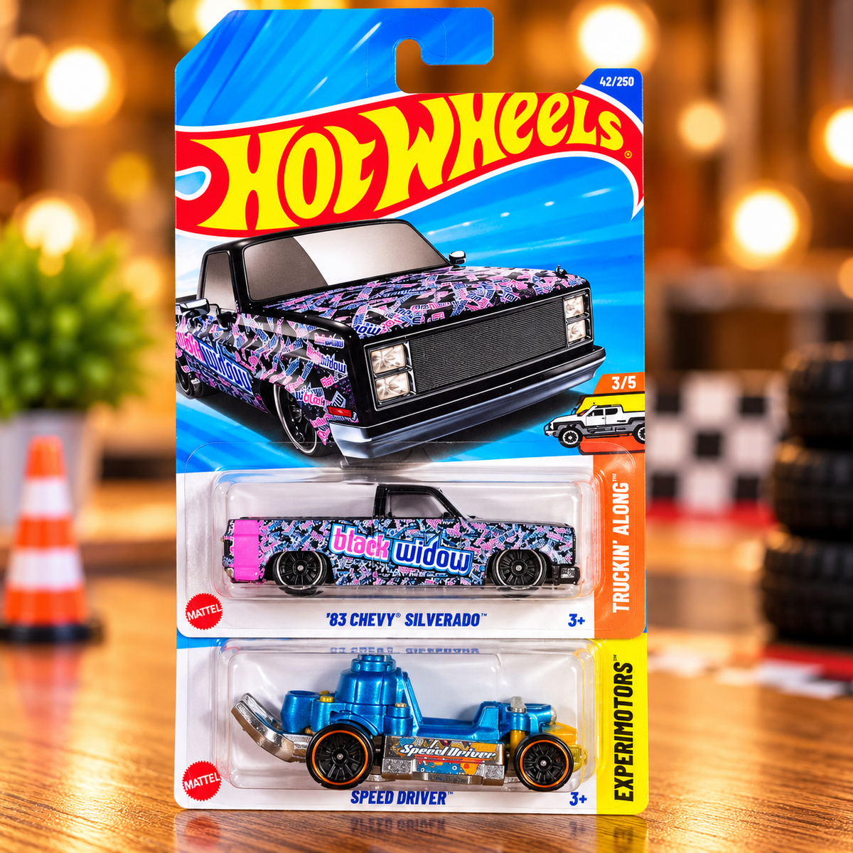 1+1 Hot Wheels Combo '83 Chevy Silverado Black Widow & Speed Driver Die-Cast Toy Cars – Set of 2 | Mattel Collectible Combo