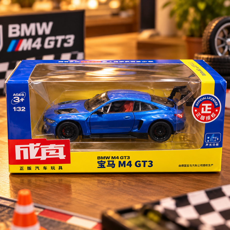 BMW M4 GT3 1:32 Scale Die-Cast Model Car – Metallic Blue | Official Licensed Racing Car Toy with Light & Sound Features