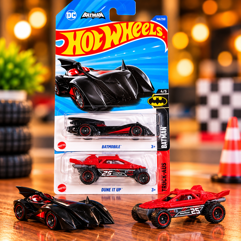 1+1 Hot Wheels Combo – DC Batman Batmobile & Dune It Up Off-Road Racing Car |