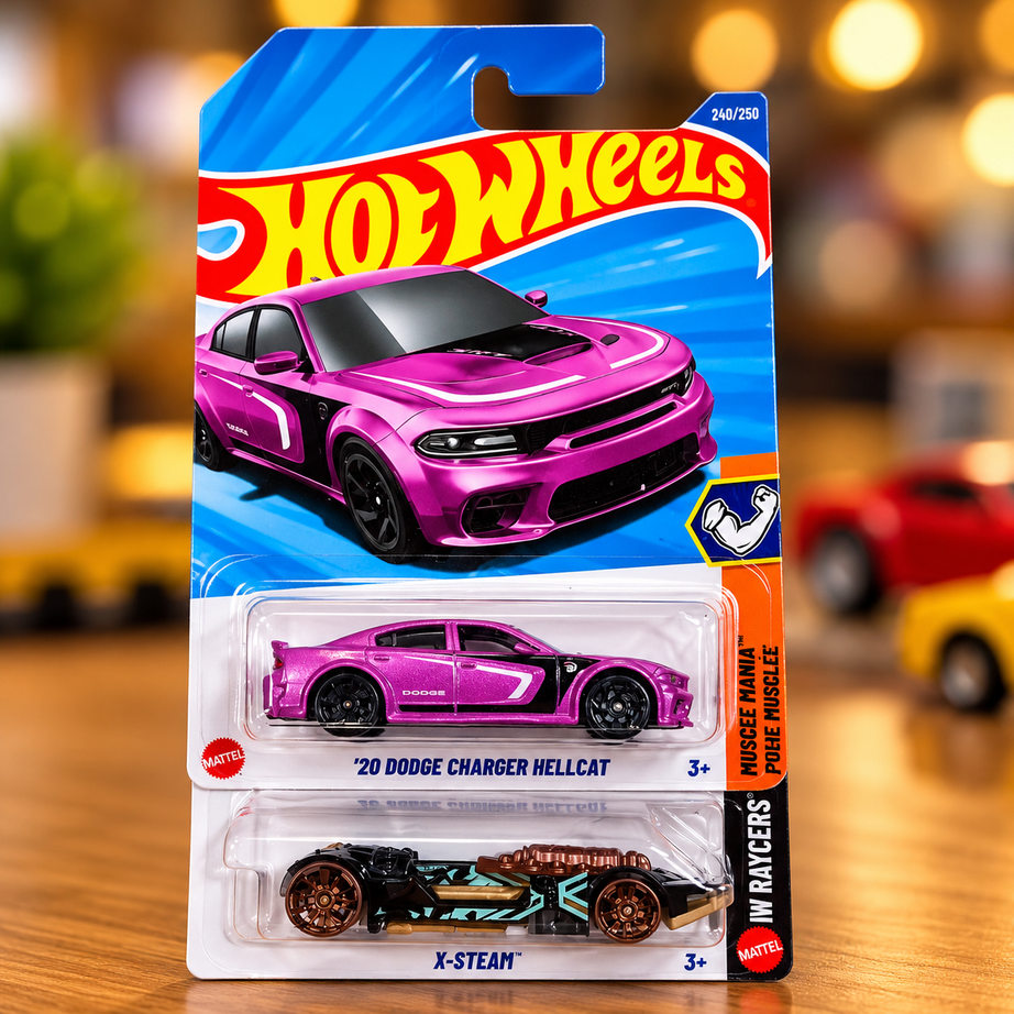 1 +1 Hot Wheels Combo  – '20 Dodge Charger Hellcat & X-Steam | 2 PCS Collectible Miniature Cars | Muscle Mania & X Raycers