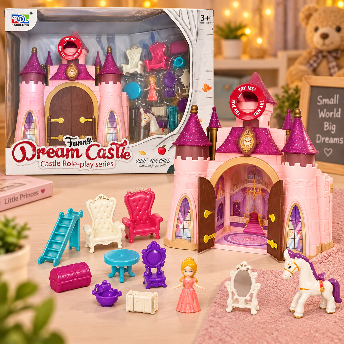 KDL Funny Dream Castle Princess Playset with Mini Doll, Horse & Furniture Accessories | Kids Pretend Play Toy
