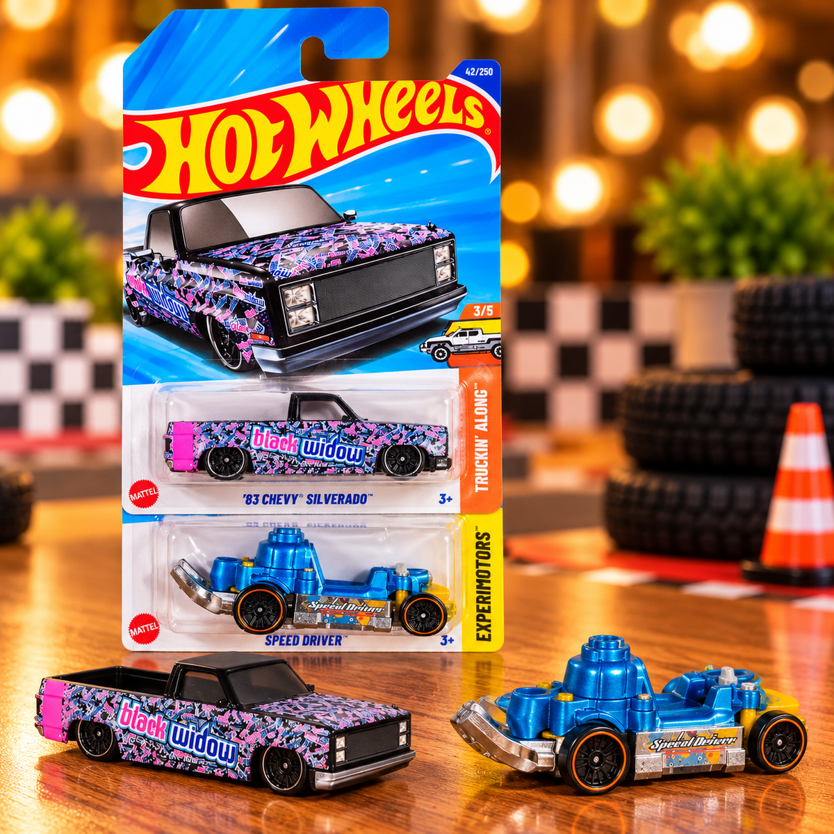 1+1 Hot Wheels Combo '83 Chevy Silverado Black Widow & Speed Driver Die-Cast Toy Cars – Set of 2 | Mattel Collectible Combo