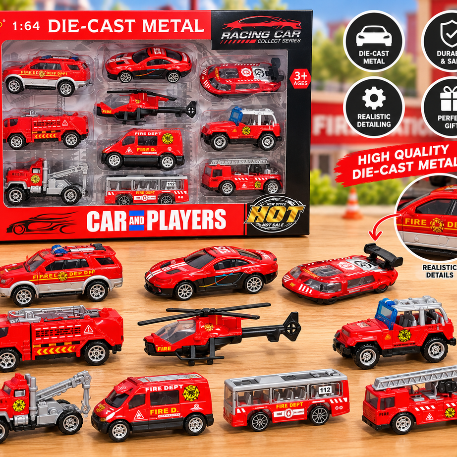 1:64 Die-Cast Metal Fire Rescue Vehicle Toy Set – 9 PCS Fire Engine, Rescue Helicopter, Fire Truck & Racing Cars | Emergency Vehicle Collection for Kids