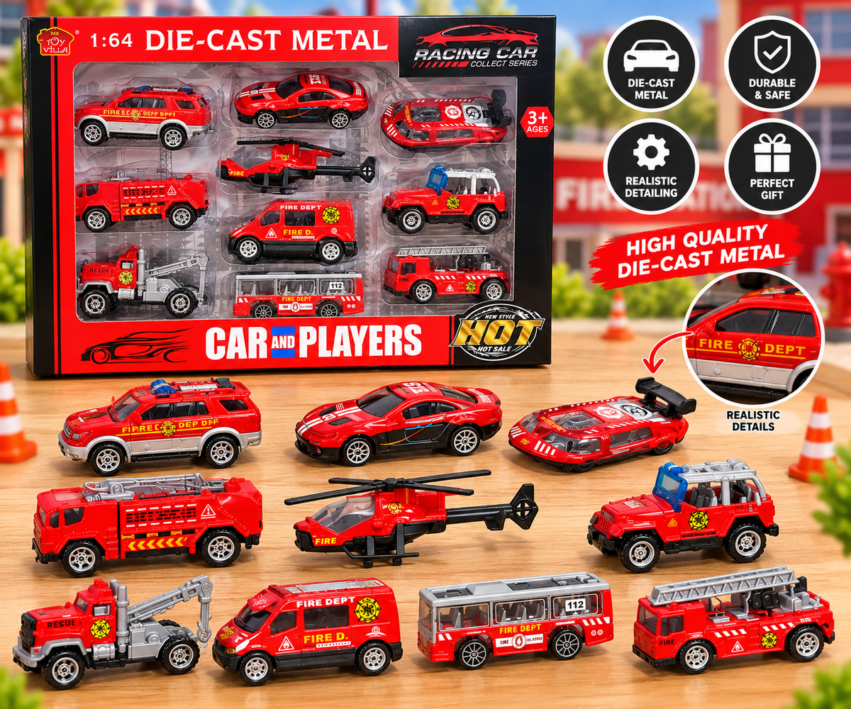 1:64 Die-Cast Metal Fire Rescue Vehicle Toy Set – 9 PCS Fire Engine, Rescue Helicopter, Fire Truck & Racing Cars | Emergency Vehicle Collection for Kids